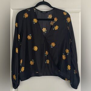Madewell Bubble-Sleeve Wrap Blouse with Yellow Floral Design